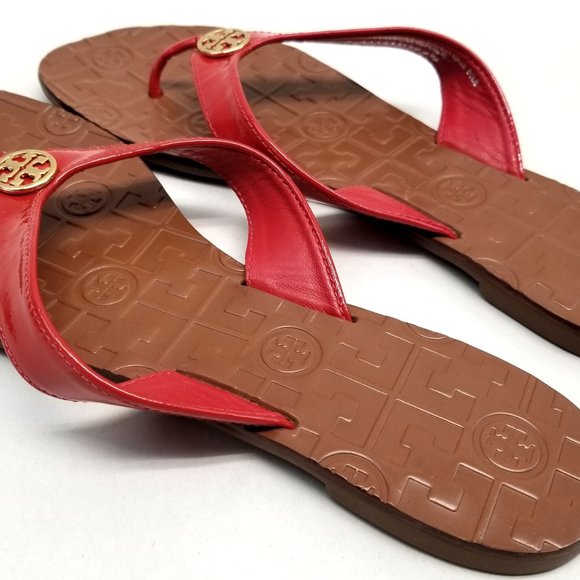Tory Burch Red Patent Thora Thong Flats Sadals - Picture 4 of 7